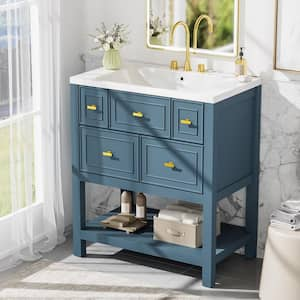 30 in. W x 18 in. D x 34 in. H Single Sink Freestanding Bath Vanity in Blue with White Resin Top