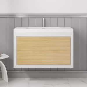 36 in. W x 17 in. D x 20 in. H Wall Mounted Floating Bath PVC Vanity Cabinet in Wood Grain with White Basin and Sink