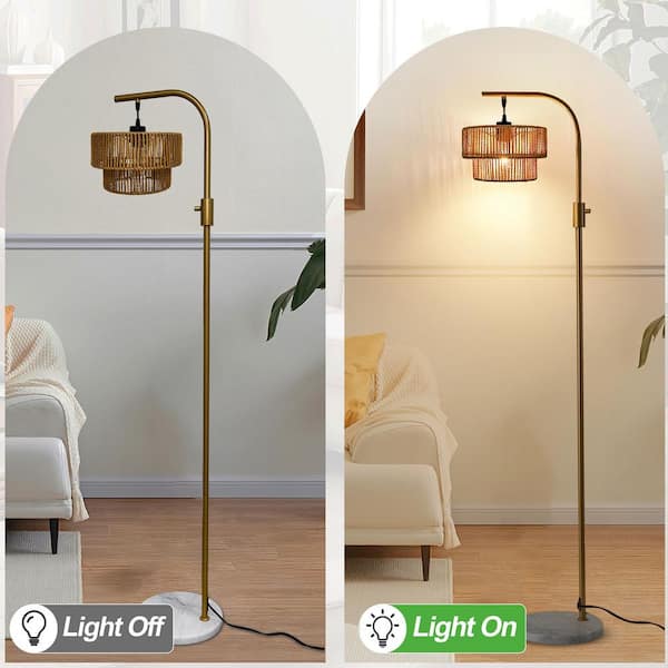 63 in. Boho Rattan 1-Light Dimmable Arc Floor Lamp for Living Room with 1 Bulb Included