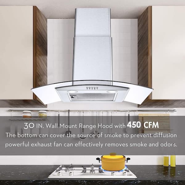 IKTCH 29.3 in. Wall Mount Range Hood Tempered Glass 900 CFM in Stainless Steel with LED Light and Remote Control, Silver