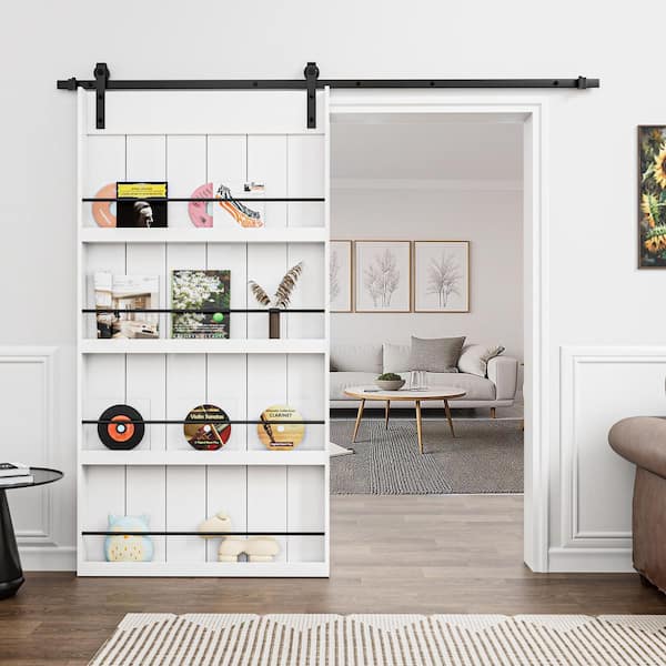 ARK DESIGN 42 in. x 84 in. White Primed Composite MDF Shelves Sliding Barn Door with Hardware Kit