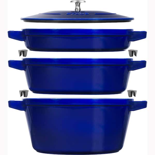Cast Iron Set 4-Pieces, Stackable Space-Saving Cookware Set, Dutch Oven with Universal Lid, Made in France, Dark Blue