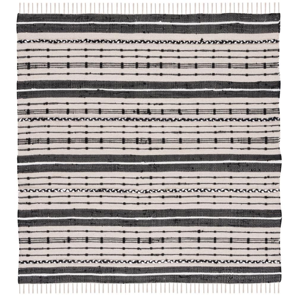 Boho-Chic Black and Beige Striped Kilim 6' Square Wool Rug