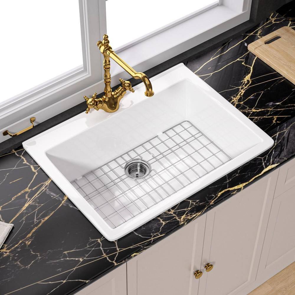 White Kitchen Sink 30 Drop-in Top Mount Fireclay Farmhouse Kitchen Sink 