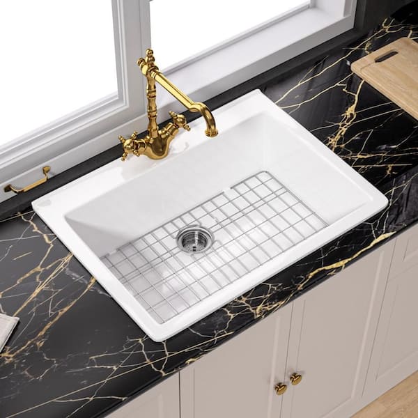 White Kitchen Sink 30" Drop-in Top Mount Fireclay Farmhouse Kitchen Sink Single Bowl with 1 Faucet Hole Grid and Drain