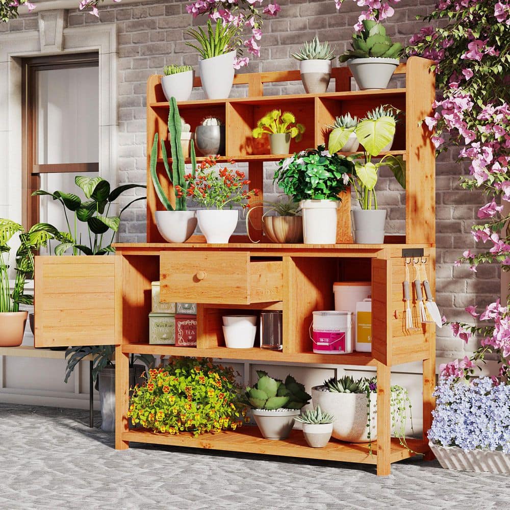 50.2 in. W x 66.1 in. H Natural Brown Wood Potting Bench and Table, Garden 