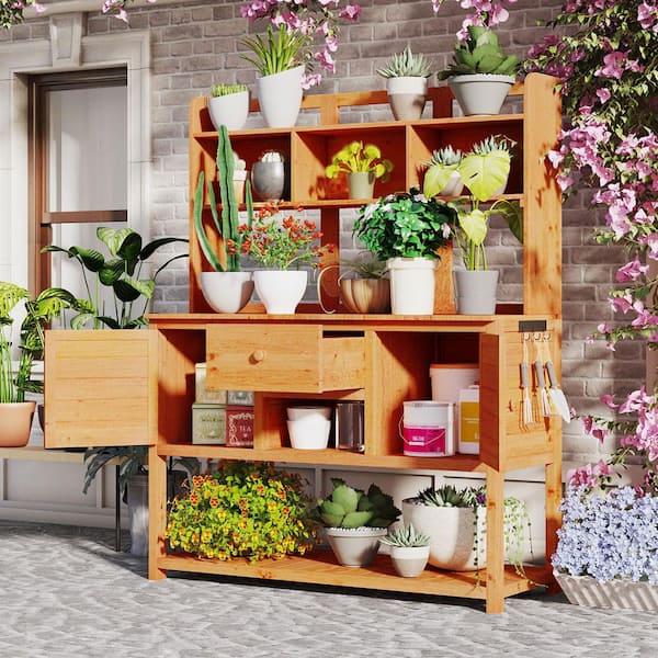 BTMWAY 50.2 in. W x 66.1 in. H Natural Brown Wood Potting Bench and Table, Garden Workstation with Hutch and Adjustable Shelves