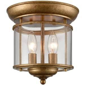 9.1 in. 2-Light Fixture Brass Finish Modern Flush Mount with Clear Glass Shade 1-Pack