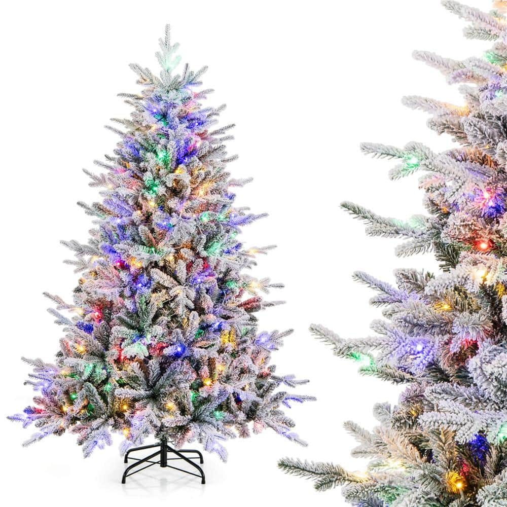 Costway 6 ft. Multi Prelit LED Flocked Full Clastic Artificial Christmas Tree with 260 Multi-Function Cool Multi-Color Lights