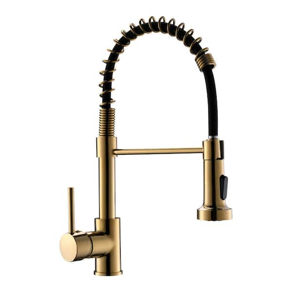 Tahanbath Single Handle Deck Mount Pull Down Sprayer Kitchen Faucet in Gold