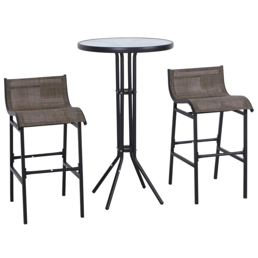 Tan Mesh Fabric and Black Steel 3-Piece Bar Height Outdoor Bistro Set