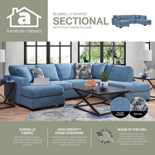 American Furniture Classics Bluebell 166 in. Square Track Arm 2 Piece Chenille U Shape Sectional Sofa in Blue Chenille with 4 Throw Pillows A414V5 K2