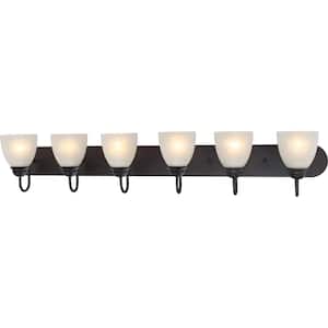 Mari 6-Light Indoor Antique Bronze Bath or Vanity Light Bar or Wall Mount with White Frosted Glass Bell Shades