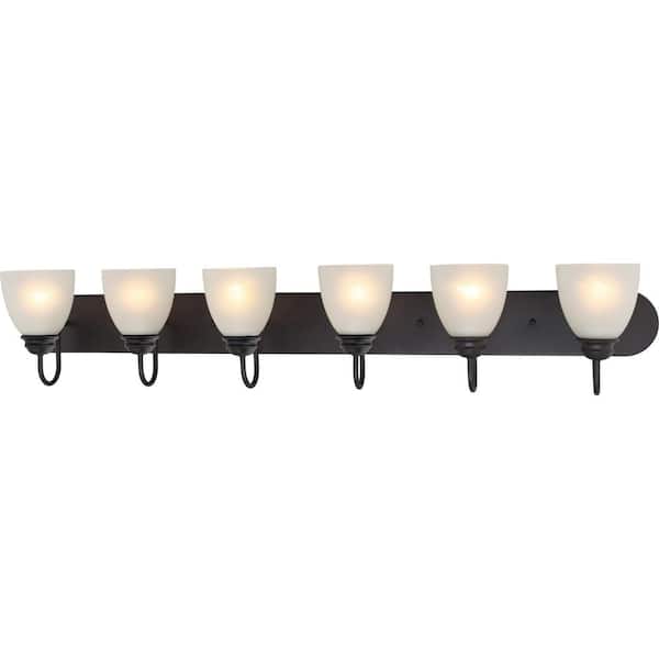 Volume Lighting Mari 6-Light Indoor Antique Bronze Bath or Vanity Light Bar or Wall Mount with White Frosted Glass Bell Shades