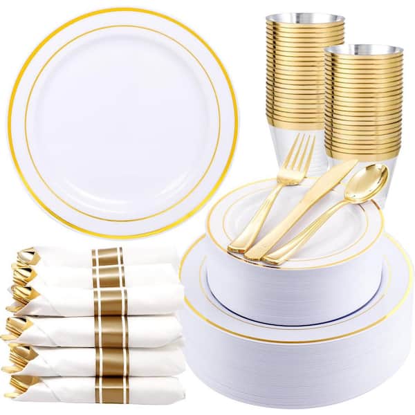Gold Disposable Dinnerware Set for 50-Guests - Includes Plates, Cutlery, Napkins