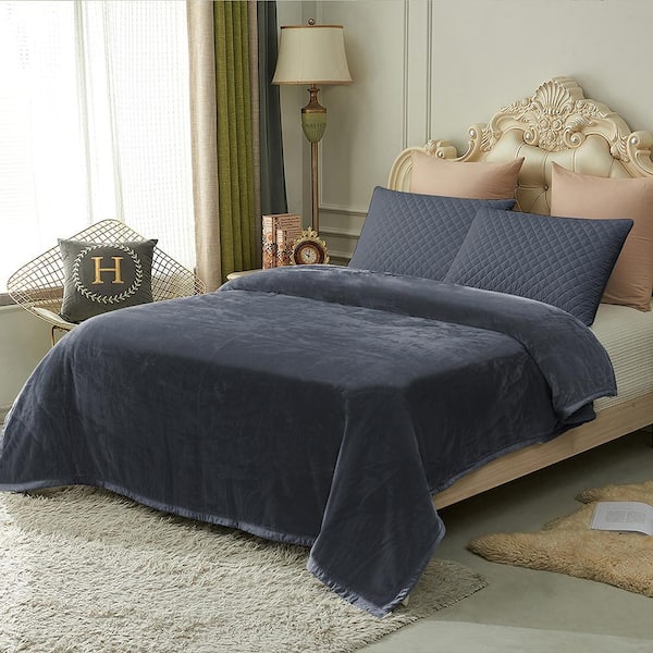 Dark Gray Reversible Microfiber Fleece Blanket 79 in. x 91 in. Fuzzy Cozy Bed Blanket for Couch Camping
