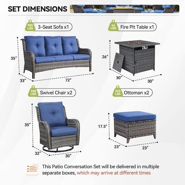 Arcline 6-Piece Gray Wicker Outdoor Chat Sets with Olefin Blue Cushions and Swivel Glider/Couch and Ottoman