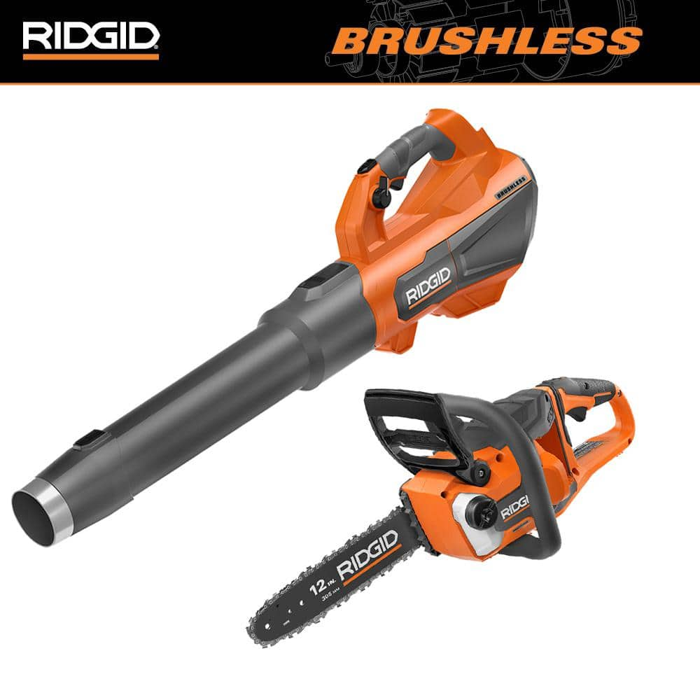 RIDGID 18V Brushless 12 in. Cordless Battery Chainsaw and Brushless 130 MPH 510 CFM Cordless Leaf Blower Tool Only R01101B BLW The Home Depot