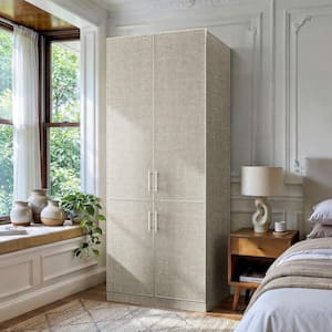 1-Piece White Wood Queen Bedroom Set with Wardrobe Storage Hanging Rod, Metal Handles for Bedroom