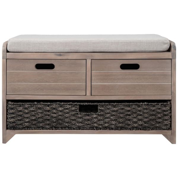 20 in. H x 32 in. W Light Brown Soild Wood Shoe Storage Bench with Removable Basket and 2-Drawer