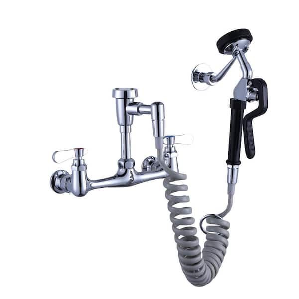 Polished Chrome 8 in. Centers 2-Handle Wall-Mount Pet Grooming Faucet with 10 ft. Coil Hose and Pre-Rinse Sprayer