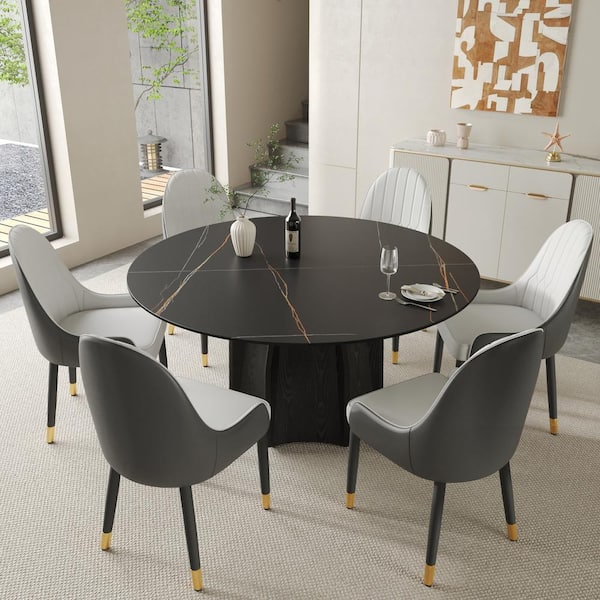 J&E Home Black Marble Top 59.05 in. Pedestal Round Dining Table (Seats 8)