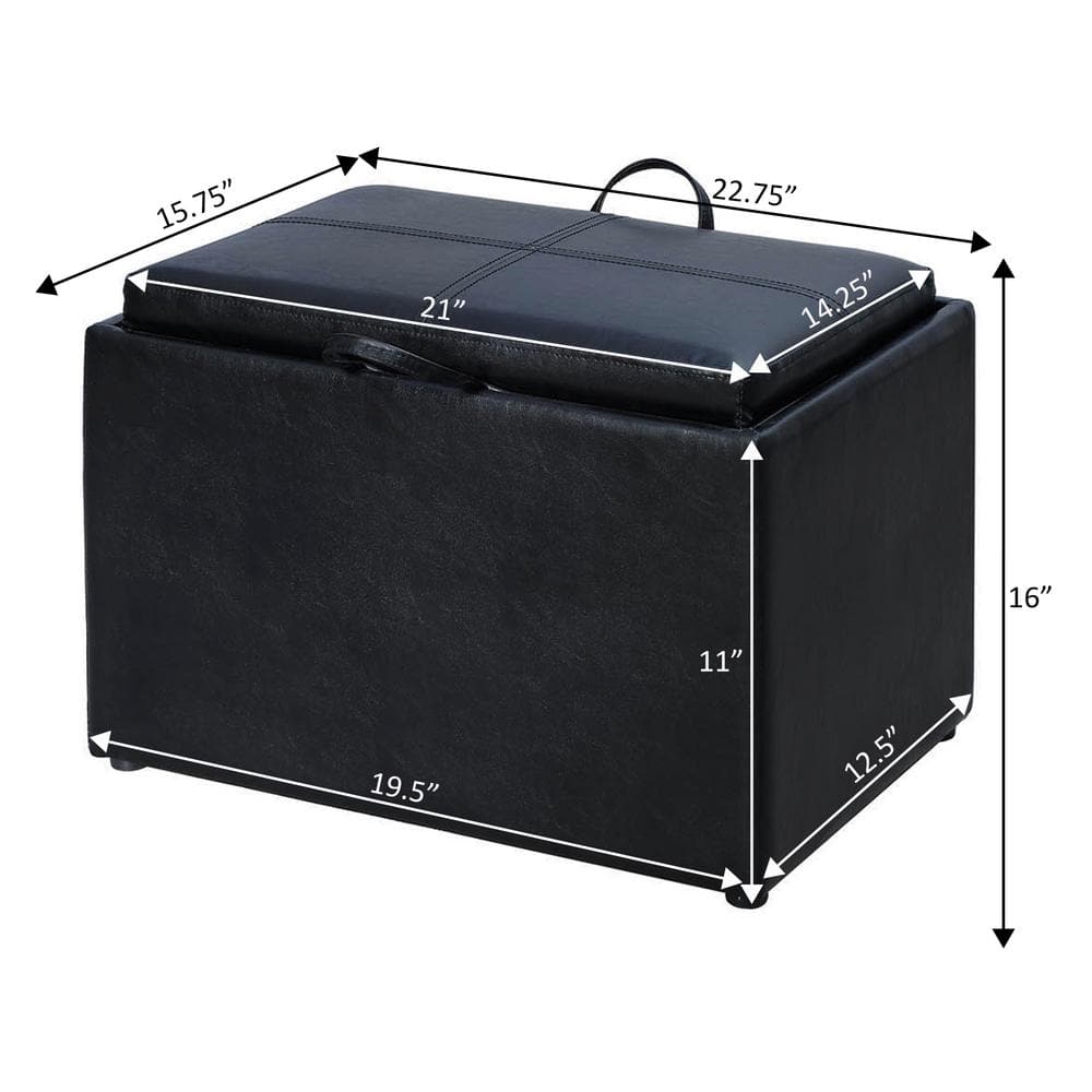 Versatile Black Faux Leather Storage Ottoman with Serving Tray