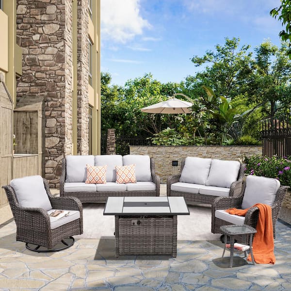 XIZZI Demeter Gray 6-Pcs Wicker Patio Rectangular Fire Pit Set with Gray Cushions and Swivel Rocking Chairs