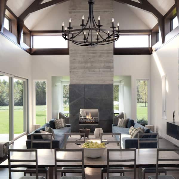 12-Light Wood Color Candle Style Dimmable Wagon Wheel Chandelier for Dining Room and Living Room