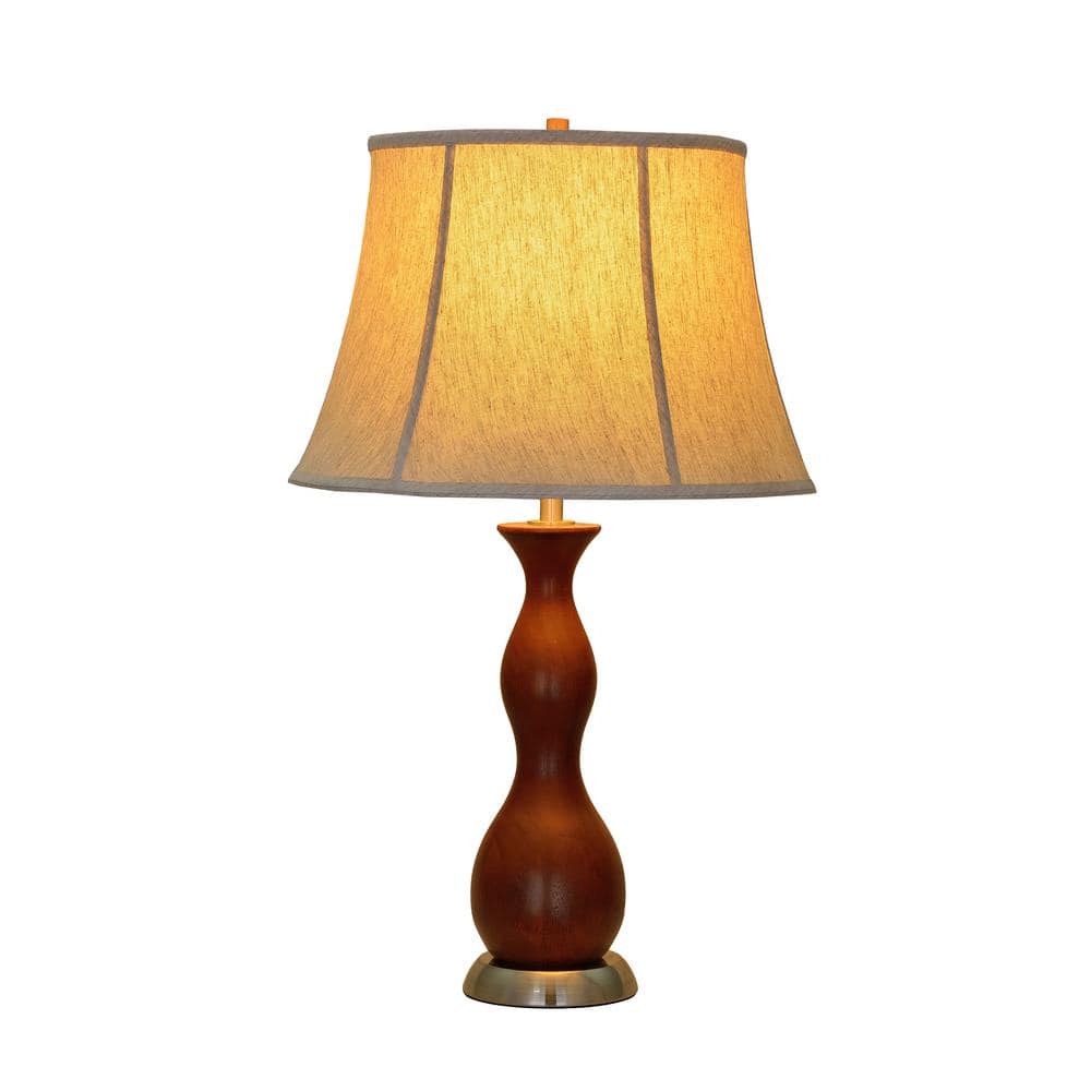 28" Brown Wooden Table Lamp with Off-White Linen Shade