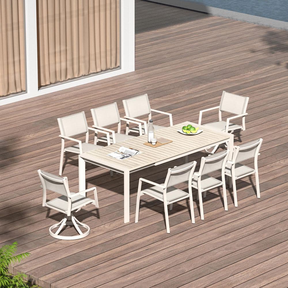 Gray 9-Piece Aluminum Rectangular Extendable Dining Table Outdoor Dining Set