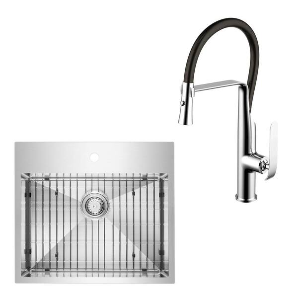 Water Creation All-in-One Drop-in Top Mount Stainless Steel 25 in. Single Bowl Kitchen Sink with Faucet in Chrome Sink Kit