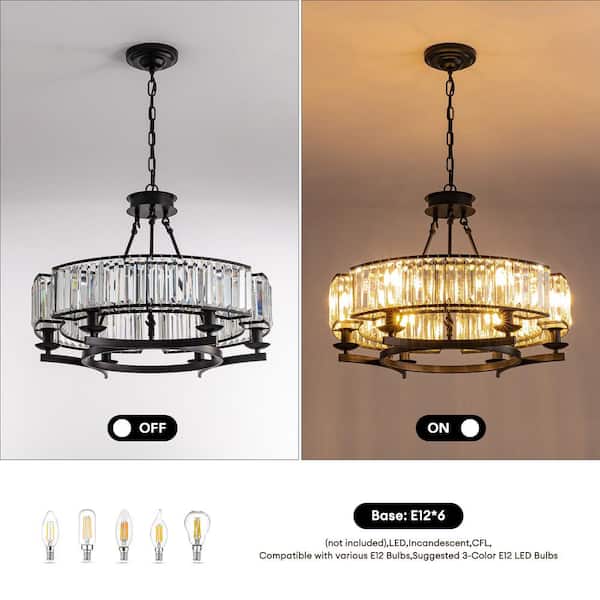 SILJOY 6-Light Black Modern Crystal Chandelier Drum Island