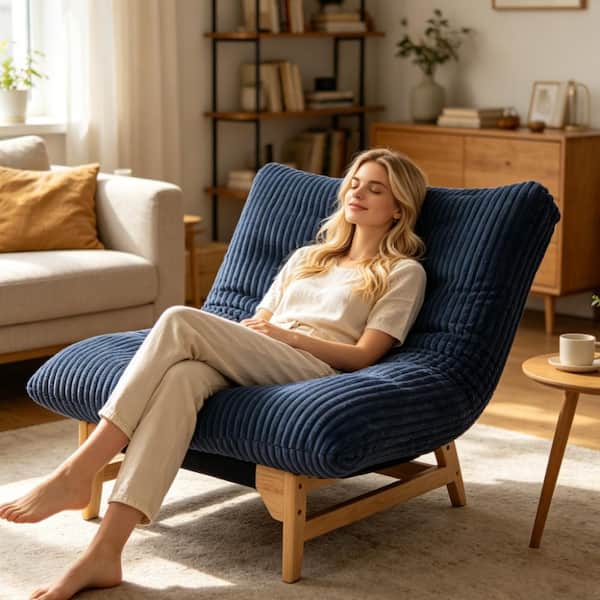 Blue Bean Bag Accent Sofa with Solid Wood Frame and Backrest for Living Room & Bedroom