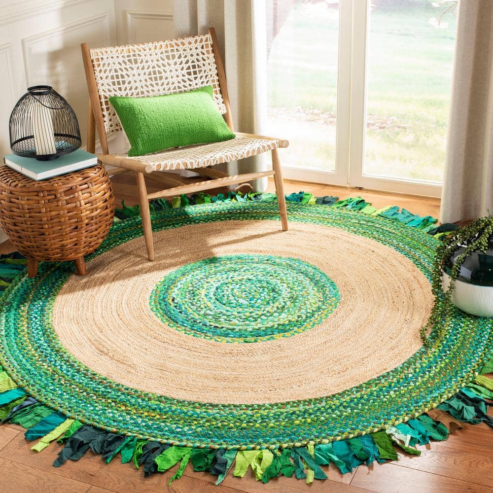 Handmade Green and Natural Round Cotton Area Rug, 3' x 3'