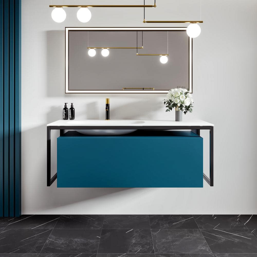 Modena 51 in. Single Sink Floating Blue Bath Vanity with White Solid Surface Top (Assembled) price history on PriceWatchPro