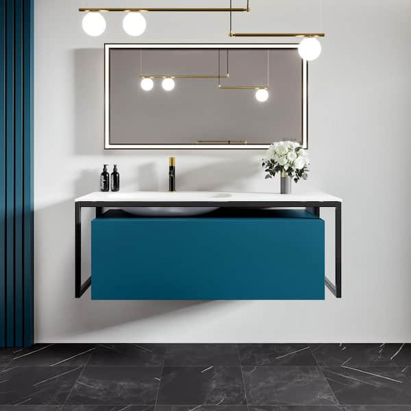 Eviva Modena 51 in. Single Sink Floating Blue Bath Vanity with White Solid Surface Top (Assembled)