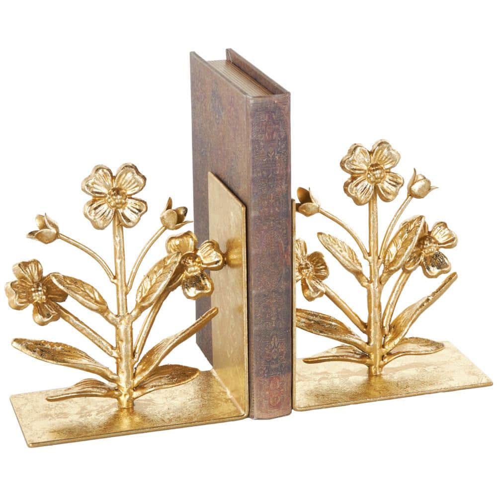 Litton Lane Gold Metal Floral Bookends with Shimmer Details (Set of 2