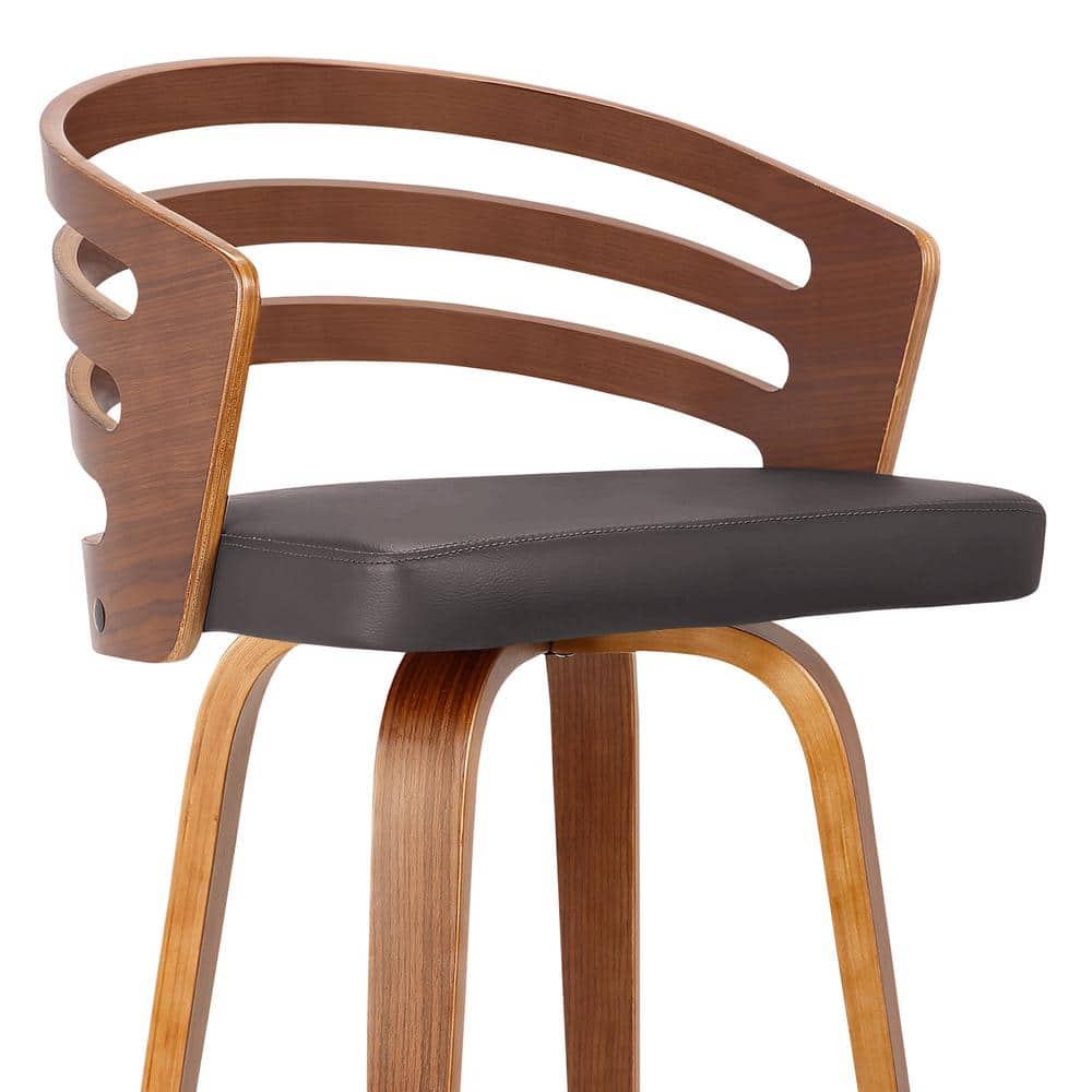 Mid-Century Walnut Swivel Stool with Brown Faux Leather