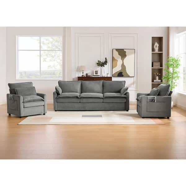 Jenton Modern 3-Piece 88.2 in. Fabric Upholstered Rectangle Sectional Sofa Set in. Grey with Pillows and Side Pockets