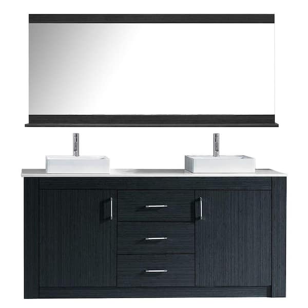 Virtu USA Tavian 72 in. W Bath Vanity in Gray with Stone Vanity Top in White with Square Basin and Mirror