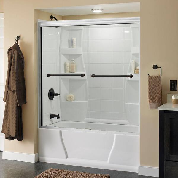Delta Silverton 60 in. x 56-1/2 in. Semi-Frameless Traditional Sliding Bathtub Door in White and Bronze with Clear Glass