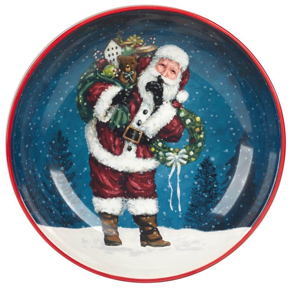 13 in. Multi-Colored Earthenware Santas Secret Serving and Pasta Platter