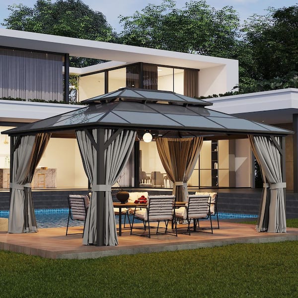 Sizzim 12 ft. x 16 ft. Outdoor Gazebo, Polycarbonate Double Roof Aluminum Frame Gazebo with Curtains and Netting