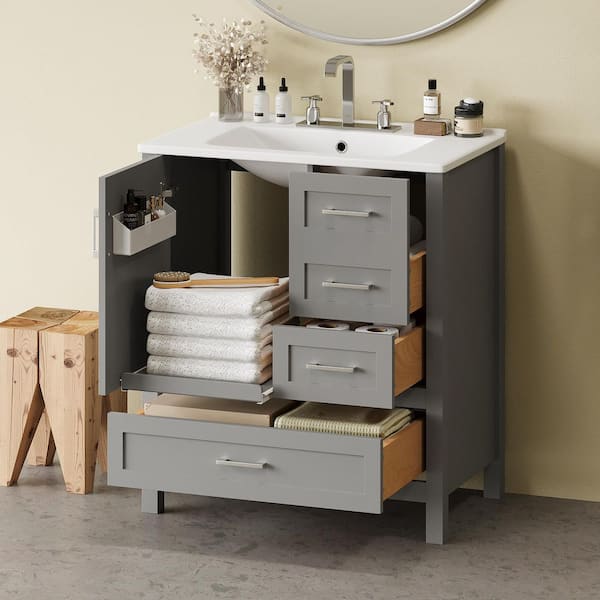 30 in. W x 18.3 in. D x 34 in. H Single Sink Freestanding Bath Vanity in Gray with White Ceramic Top
