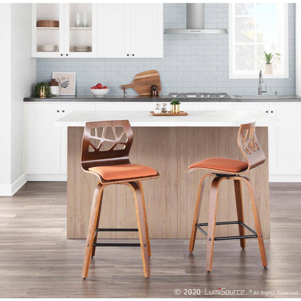 Mid-Century Modern Orange Swivel Wood Counter Stool