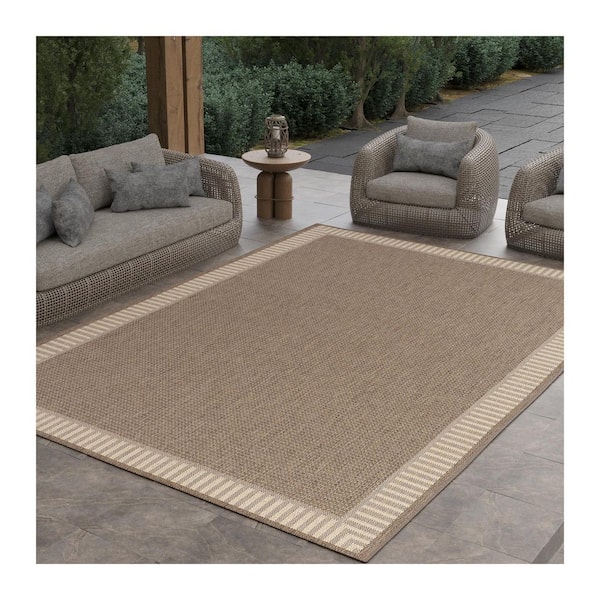 Recife Wicker Stitch Brown-Tan 8 ft. x 8 ft. Flatwoven Solid Round Indoor/Outdoor Area Rug