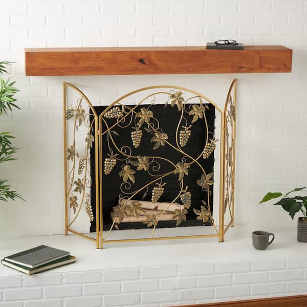 Gold Metal Fruit Foldable 3 Panel Fireplace Screen with Leaf Accents