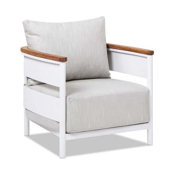 Jennifer Taylor Rhodes 29 in. Upholstered Teak and Aluminum Patio Arm Chair in Birch Gray Chenille