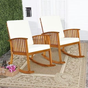 Natural Teak Acacia Wood Outdoor Rocking Chair with White Cushions (2-Pack)